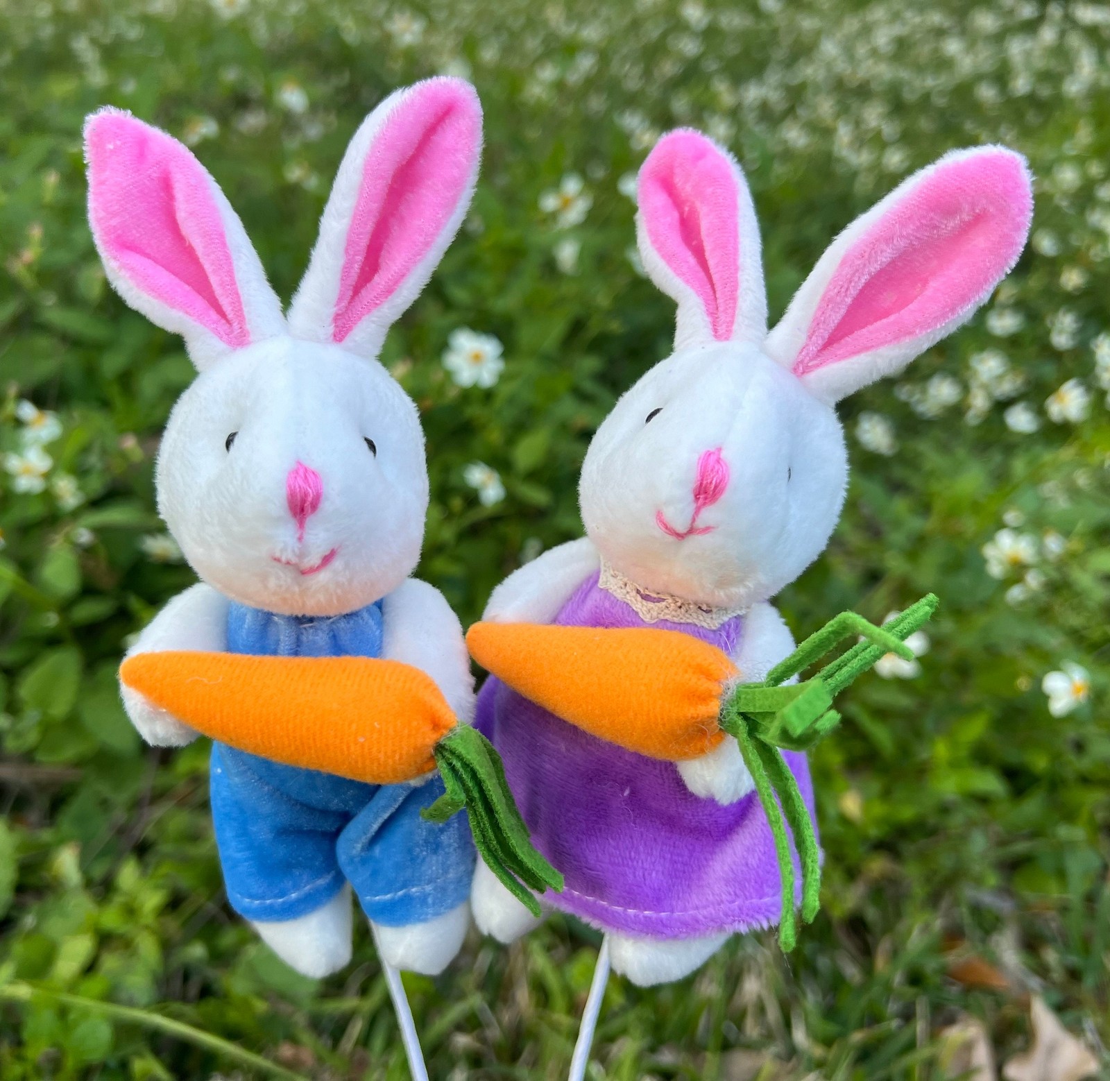 Velvet Bunny Rabbit W/ Carrot Plush Picks Easter Decor Holiday Supplies Set of 2