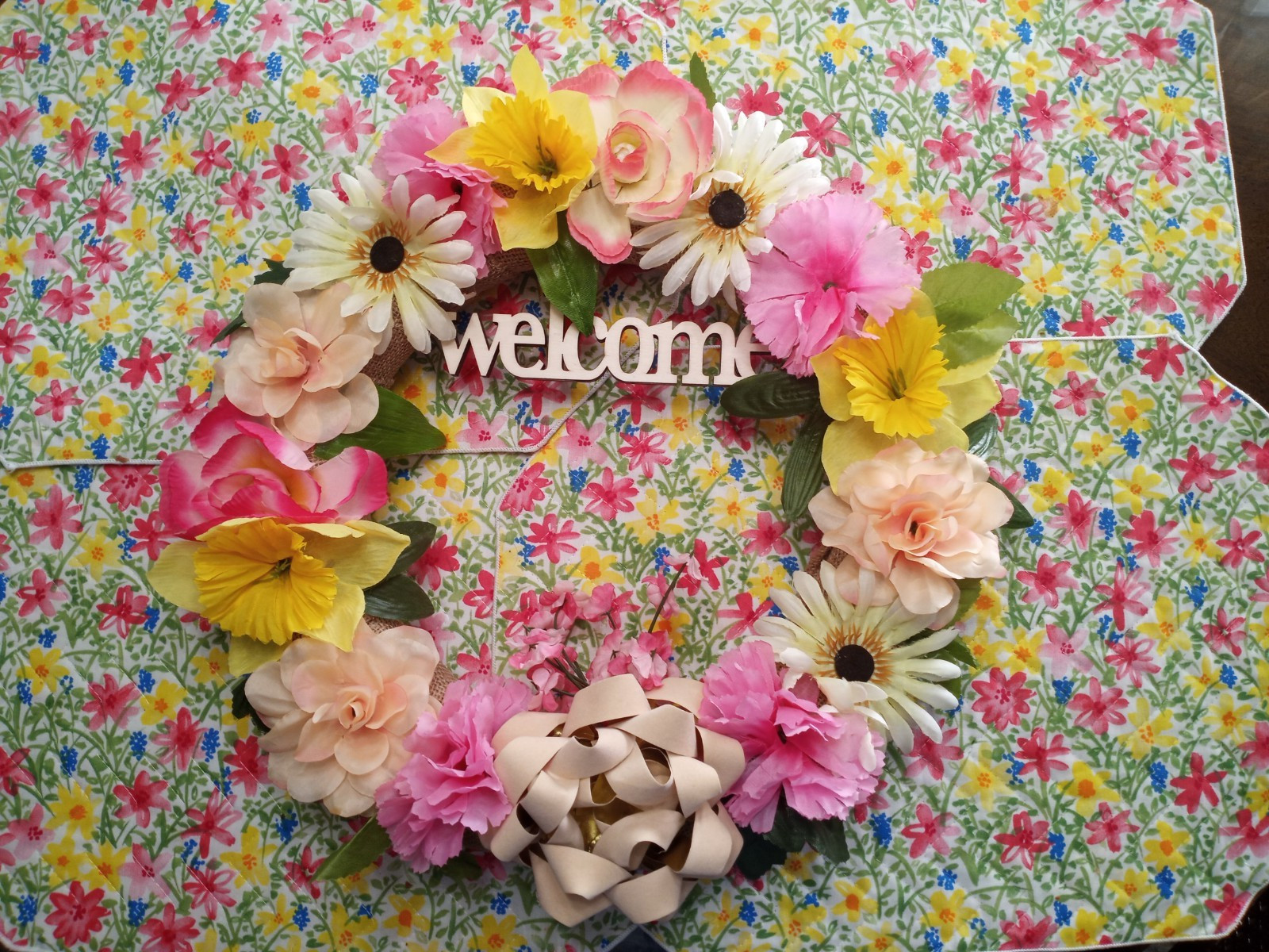 Homemade 14″ Artifical flower Spring Summer Welcome Floral Burlap Door Wreath