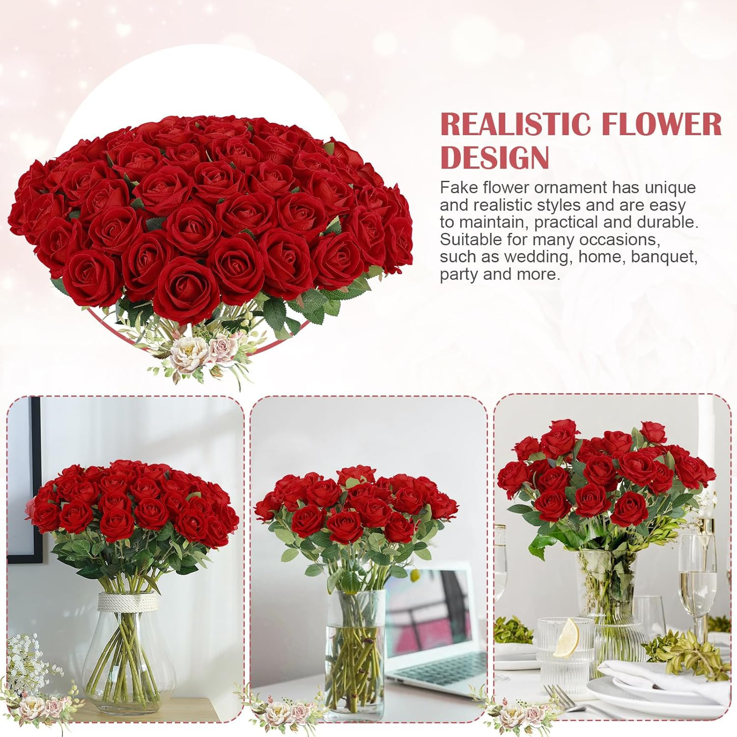 120 Pcs Velvet Silk White Roses for Weddings, Home Decor & Special Occasions