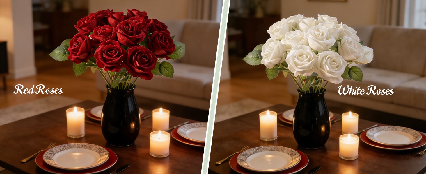 12 Pcs Red Roses Artificial Flowers, Real Touch Fake Velvet Flowers with Stems