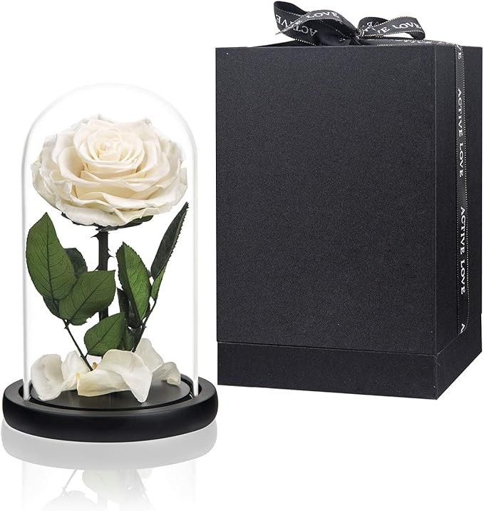 Preserved White Rose in Glass Dome Wooden Base Forever Flowers Gift for Her