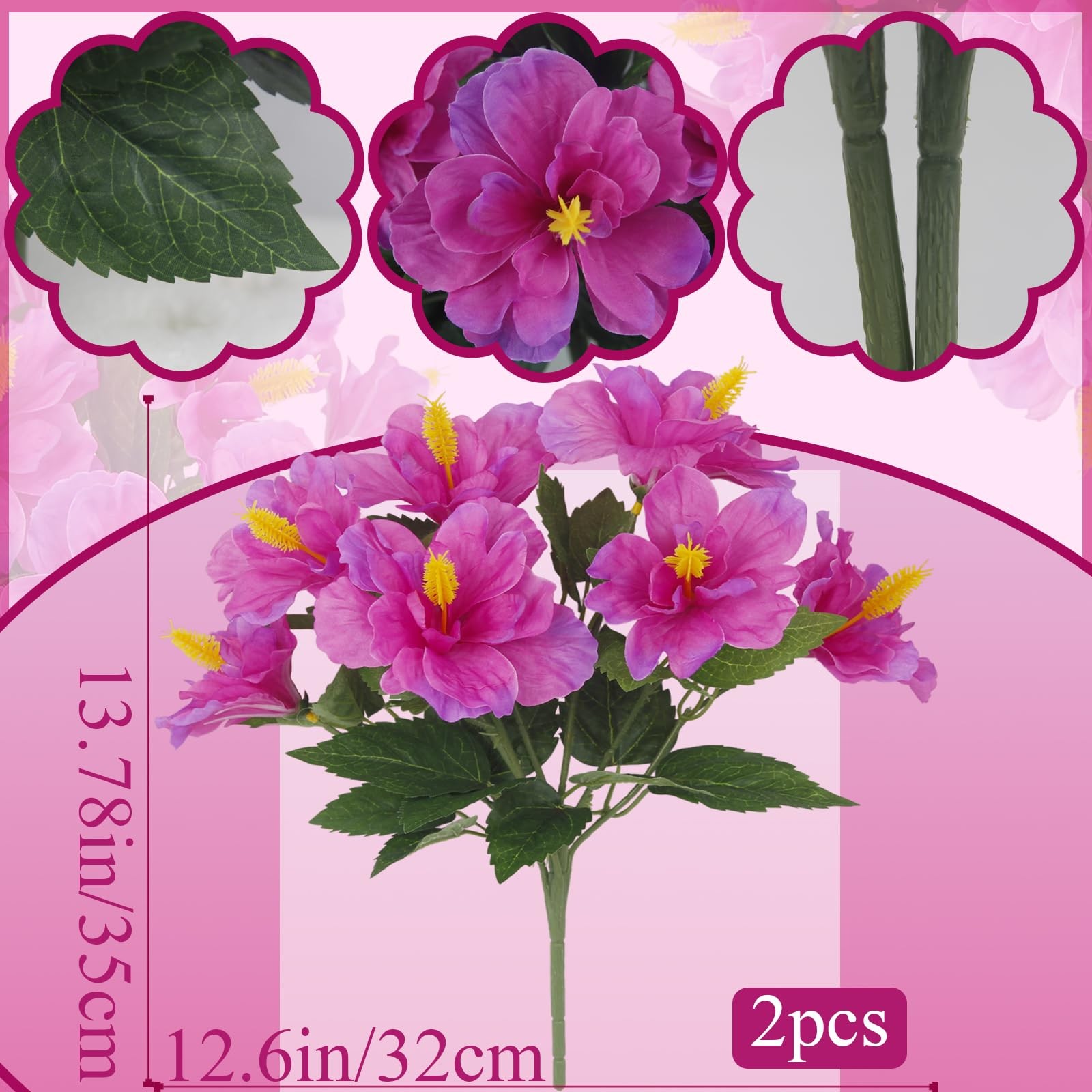 2 Pcs Artificial Outdoor Flowers Realistic Silk Fake Hibiscus Tropical Flower…