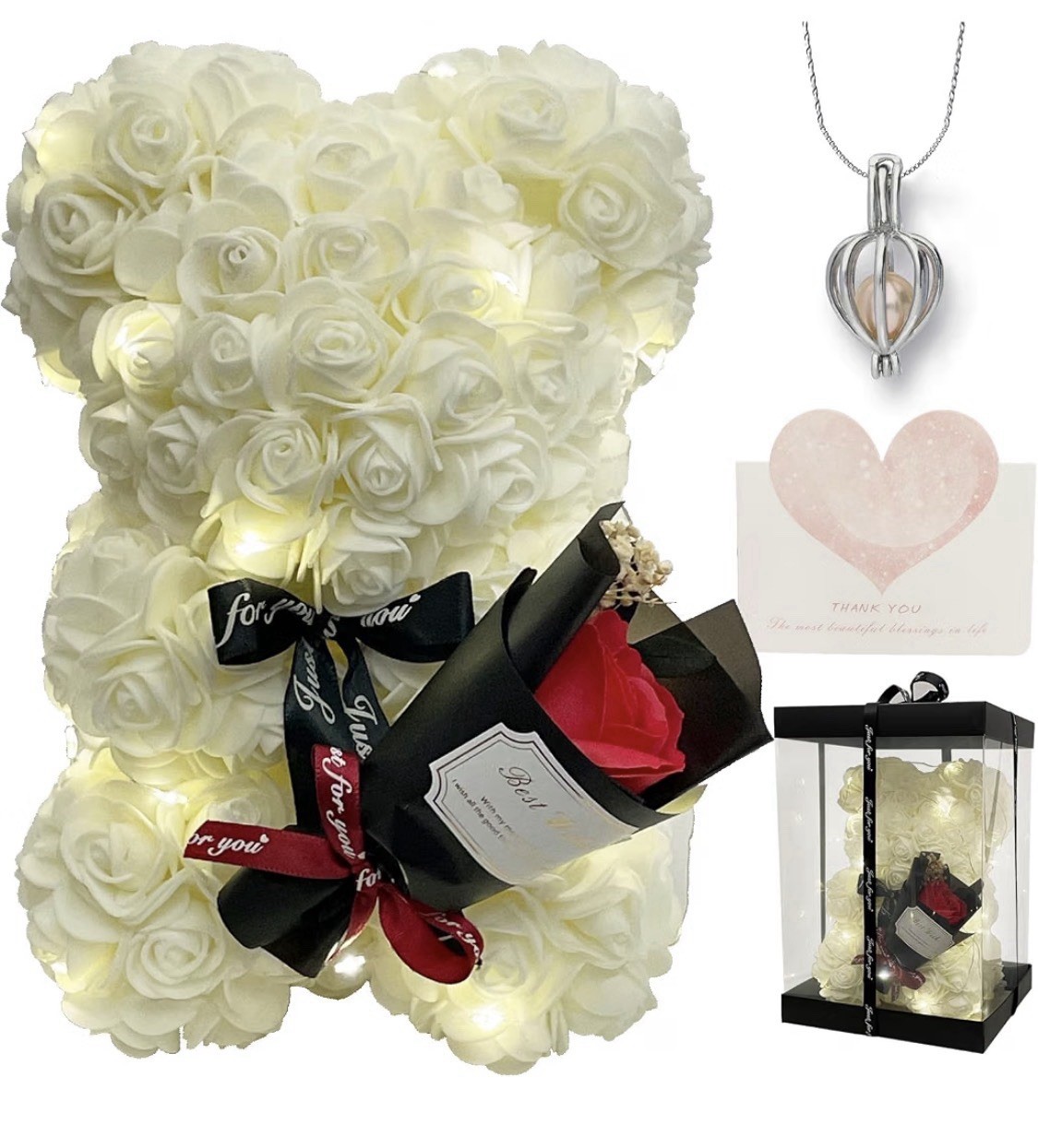 Flower White Rose Teddy Bear Clam+ Pearl Pendant Necklace Love Romantic Gift Set