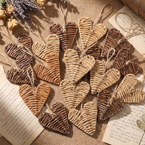 Pcs Neutral Valentines Day Ornaments Rattan Wicker Heart 24 Tan, Beige, Brown