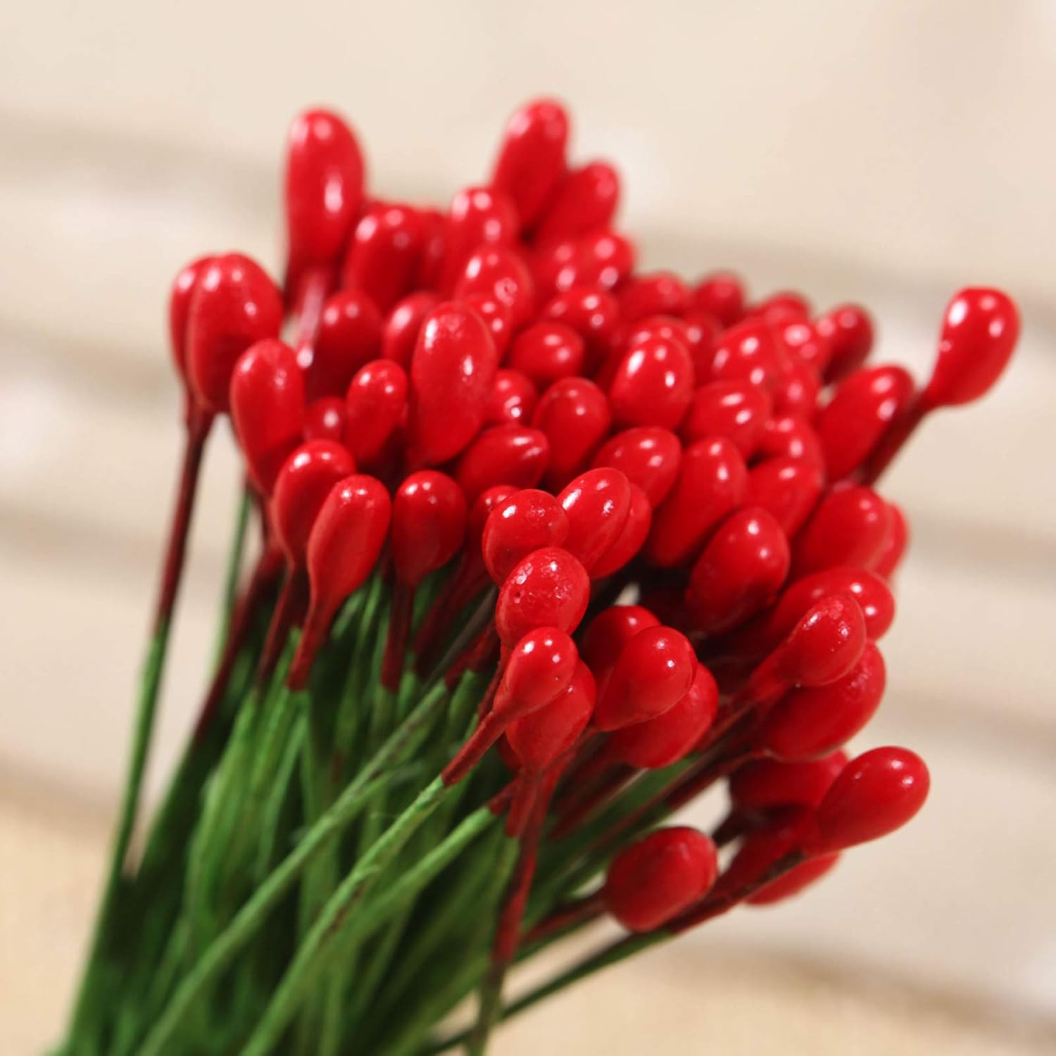 100Pcs Artificial round Flower Stamens Red Double Sided Holly Berries on Wire Wr