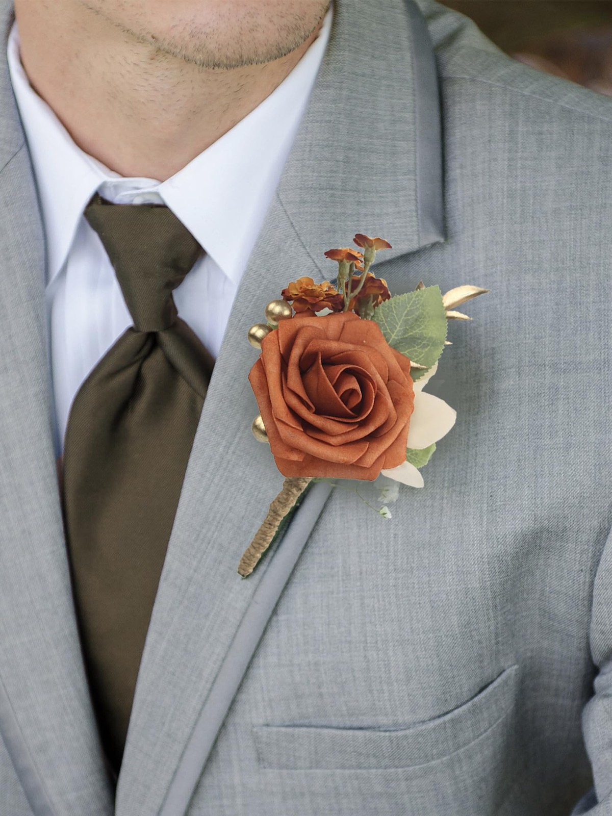 2 PCS Terracotta Boutonniere Groom Groomsmen Burnt Orange Artificial Flower