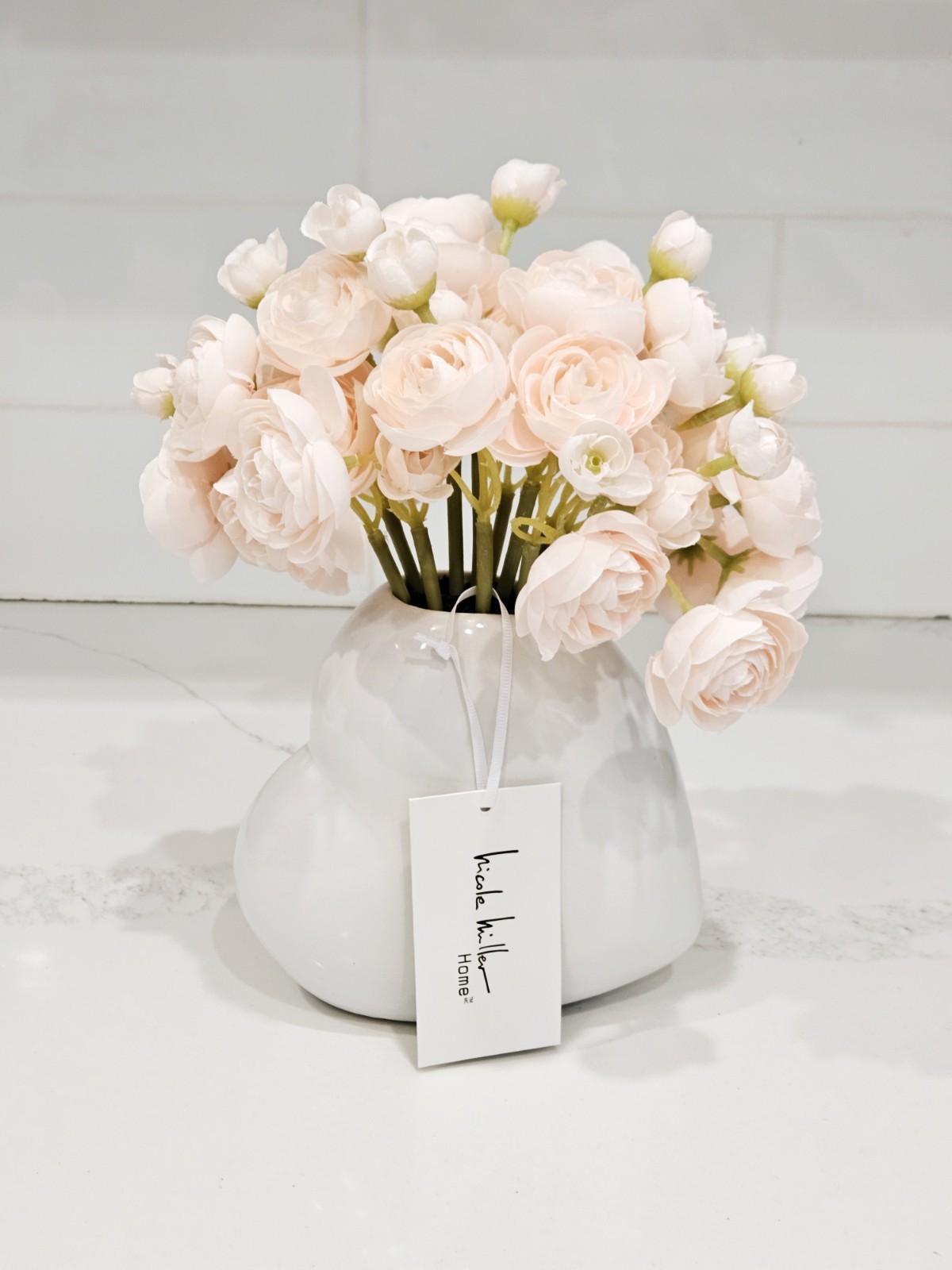 Nicole Miller Home Ceramic Heart Vase 10” Blush Faux Flower Arrangement New