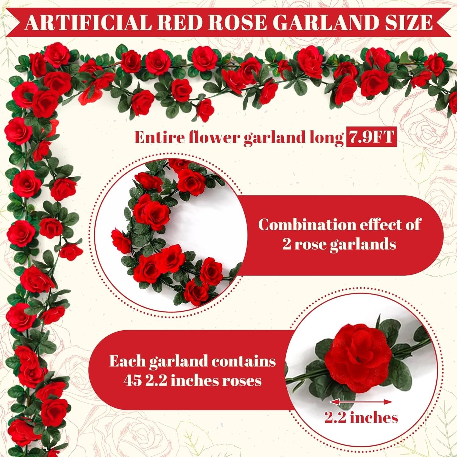 2 Pack Red Rose Garland Fake Flowers Artificial Vine Wedding Arch Derby Backdrop