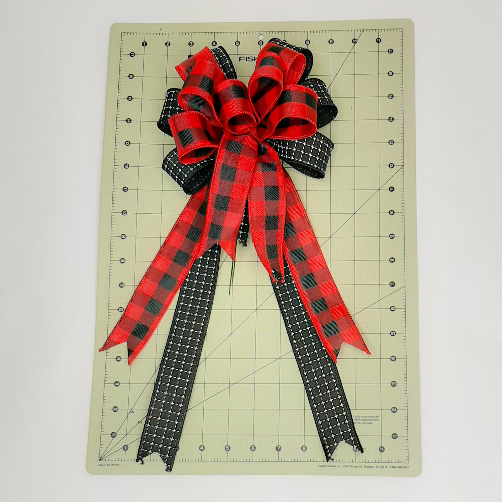 Christmas Bow, Red and Black Check with Black Stitch Print