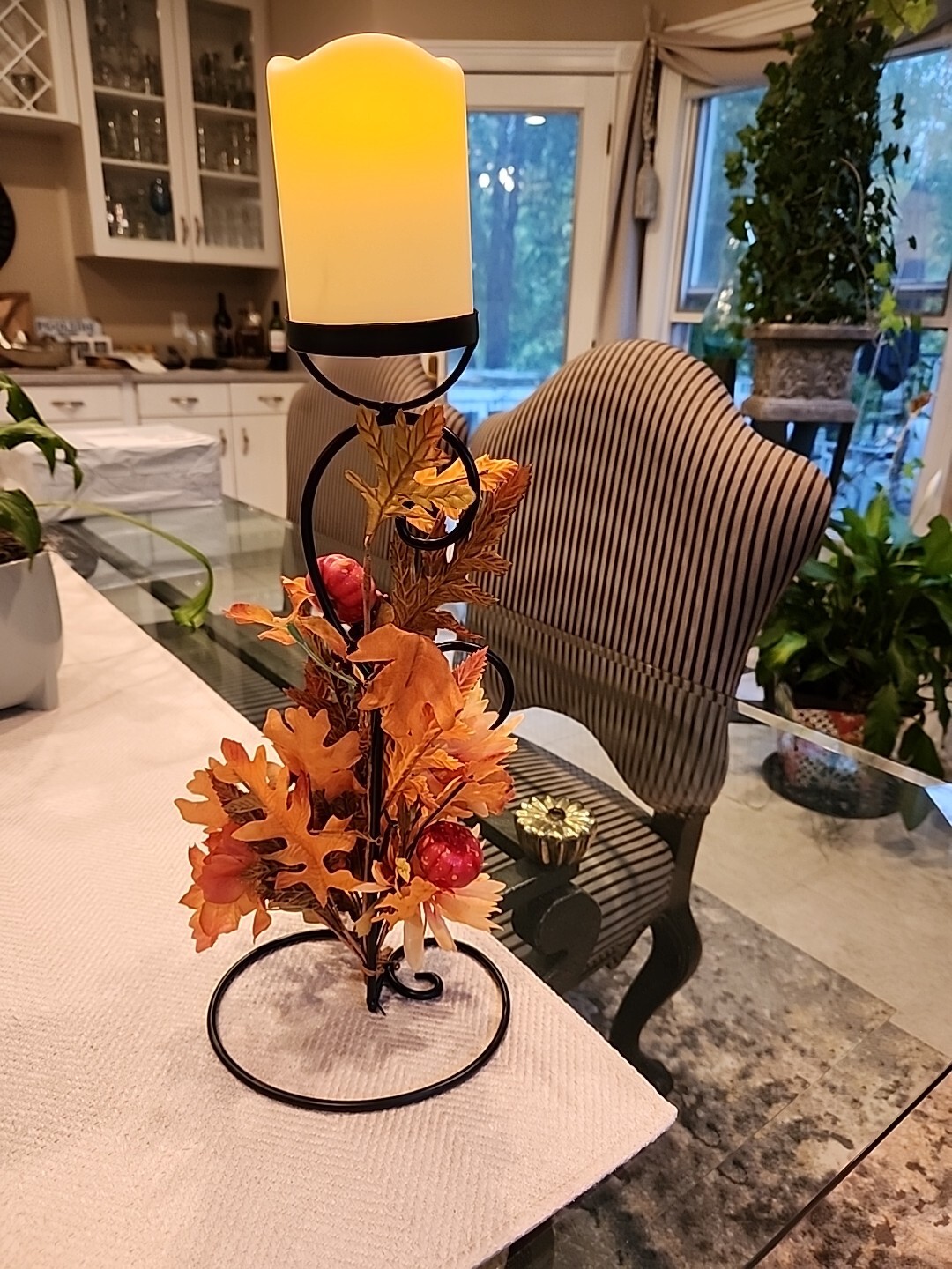 Fall Floral Decor w/Battery Candle ~ Black Wrought Iron ~ Berries Silk Flowers