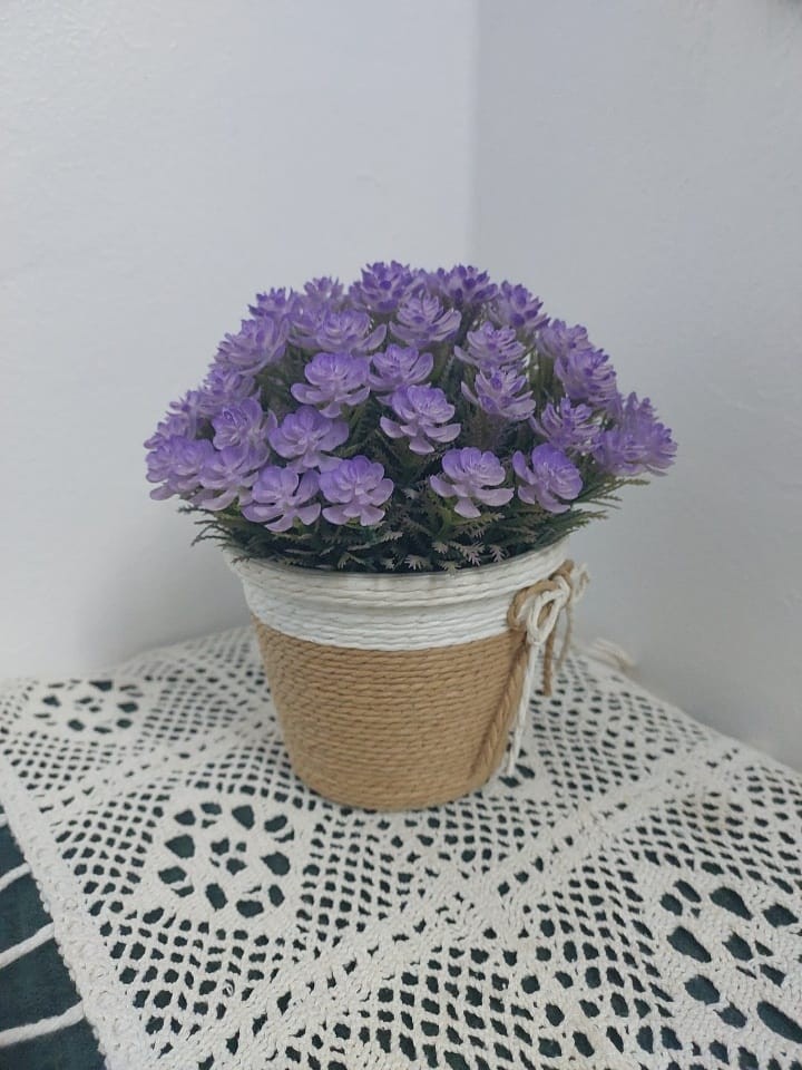 Artificial Lavender Purple Flowers in Rustic Burlap Pot Farmhouse Home Decor
