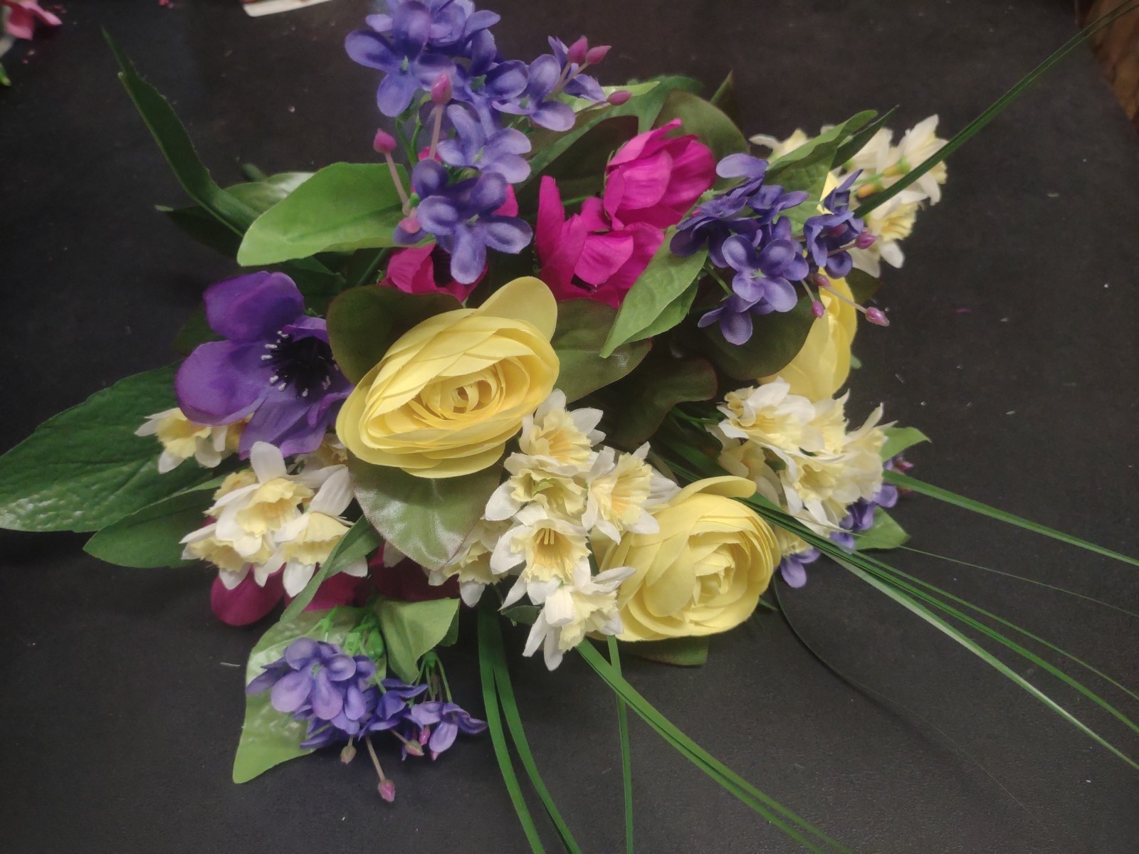 14″ Silk Ranunculus & Anemone Mixed Bouquet Bush, 13 Stems, Yellow Blue Fuchsia