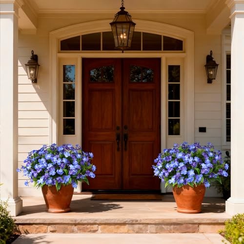 Artificial Fake Flowers for Outdoor, 6 Bundles UV Resistant Dark&light Blue