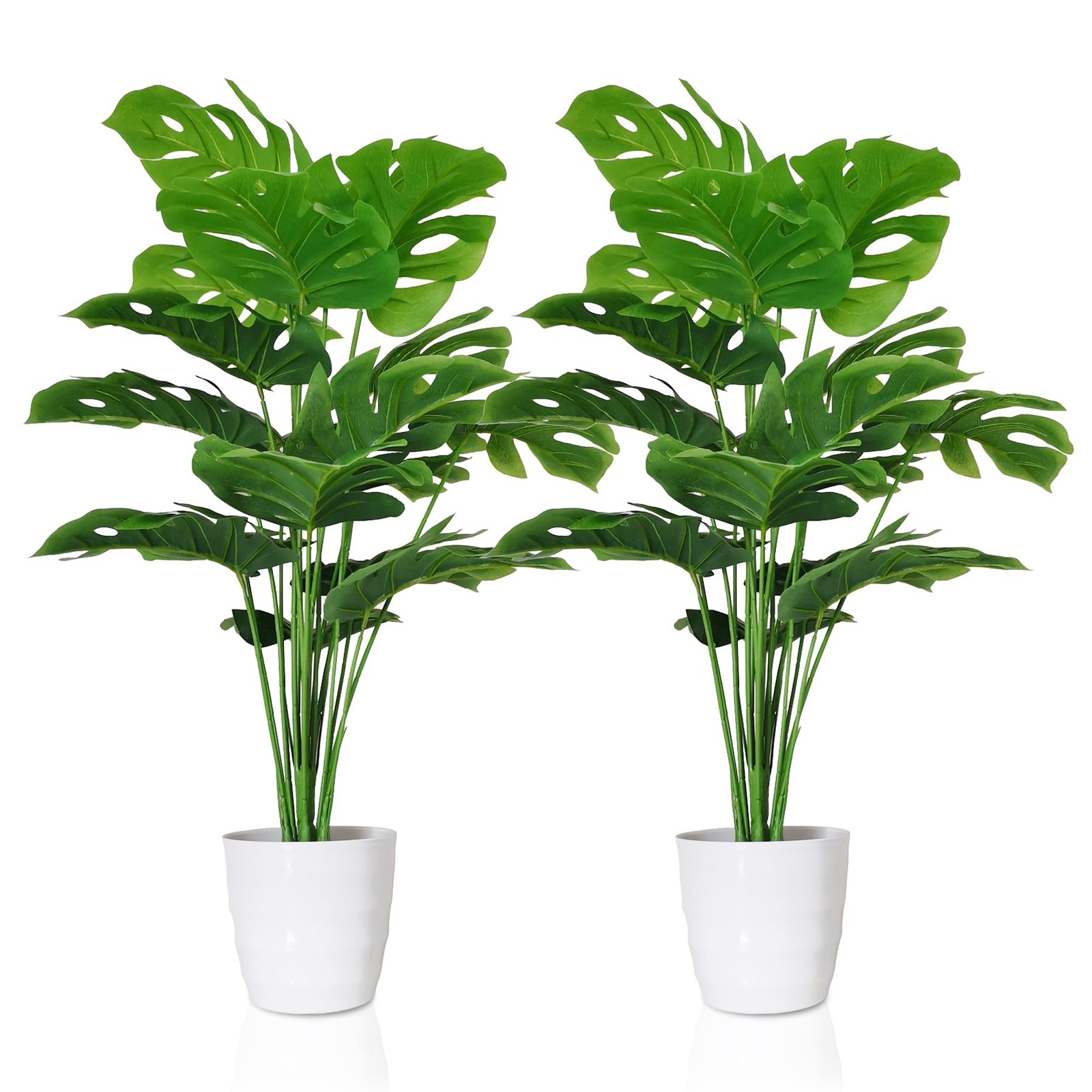 Set of 2 Artificial Monstera Deliciosa Plants in Pots, Fake Tropical Palm Tre…