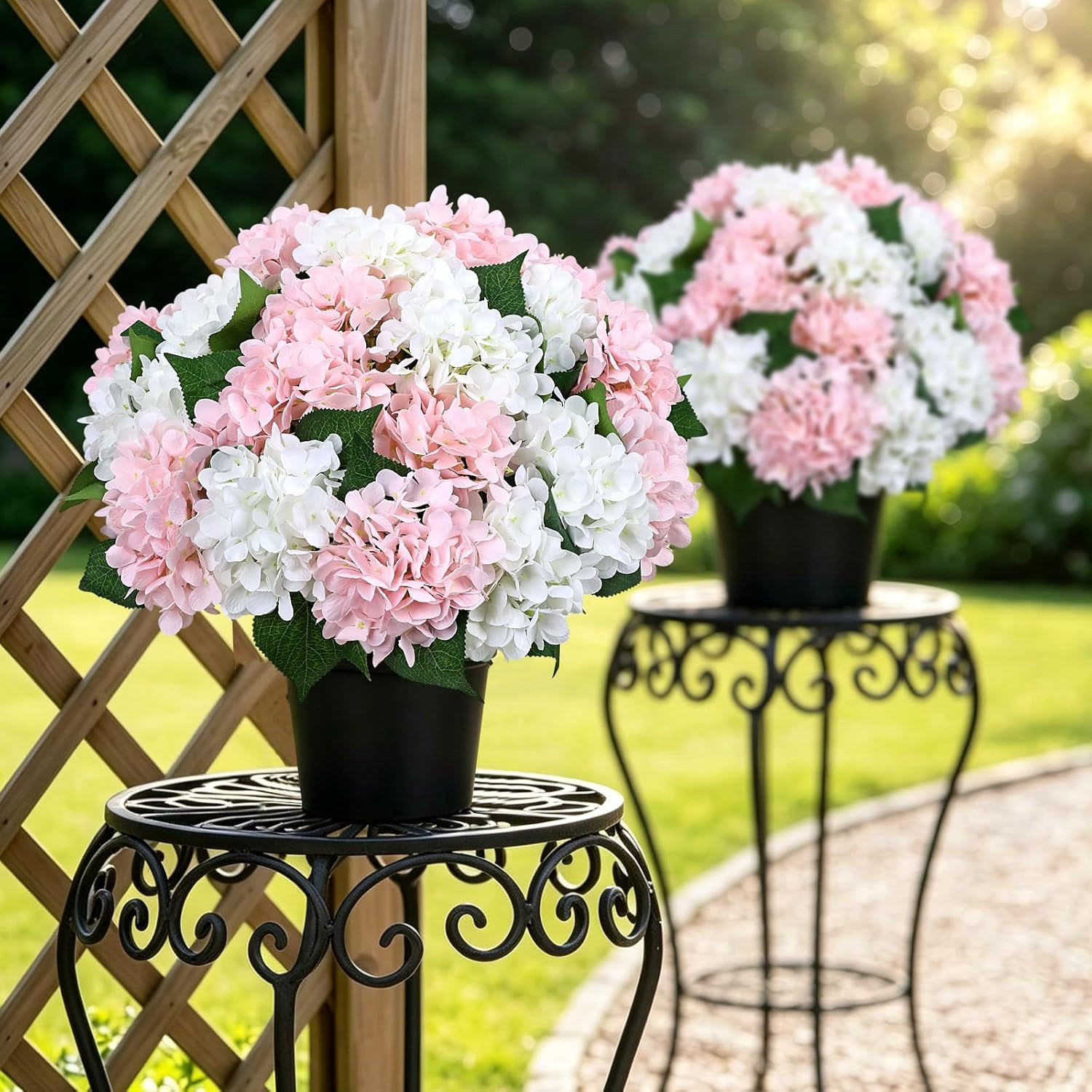 2 Sets 16″ Pink Hydrangea Artificial Flowers in Pots – UV Resistant Decor