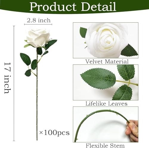 100 Pcs White Artificial Roses with Stems for Wedding Home Decor