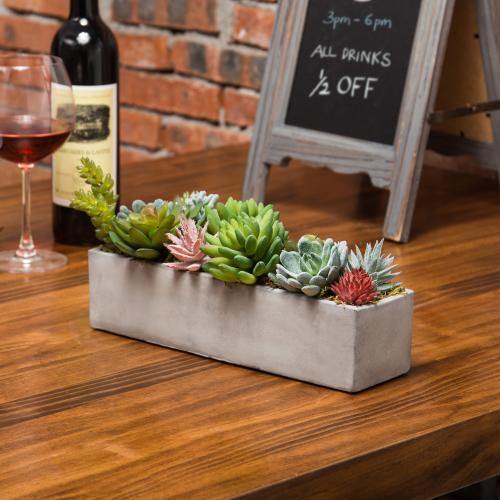 Faux Succulent Plant Arrangement in 12-Inch Gray Cement Pot, Planter Pot
