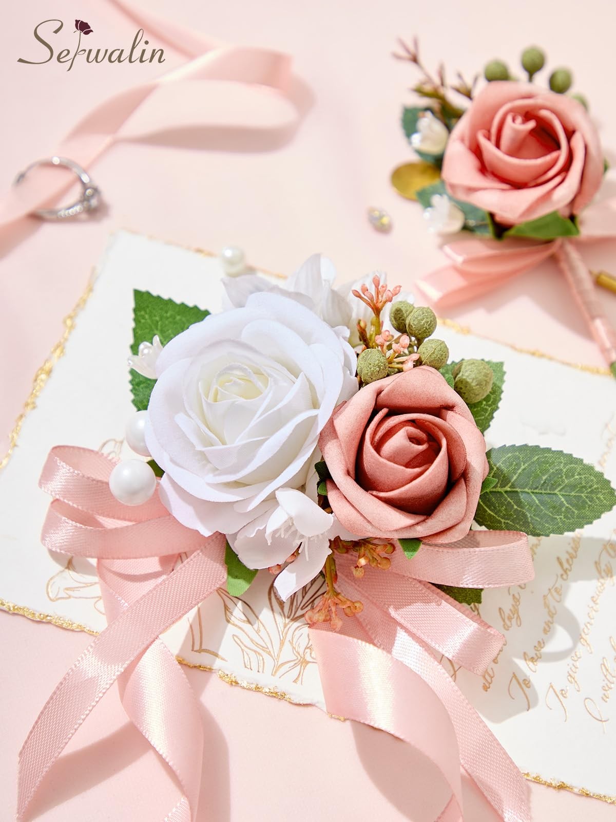 Pink Artificial Rose Corsage and Boutonniere Set Wristlet for Prom Wedding