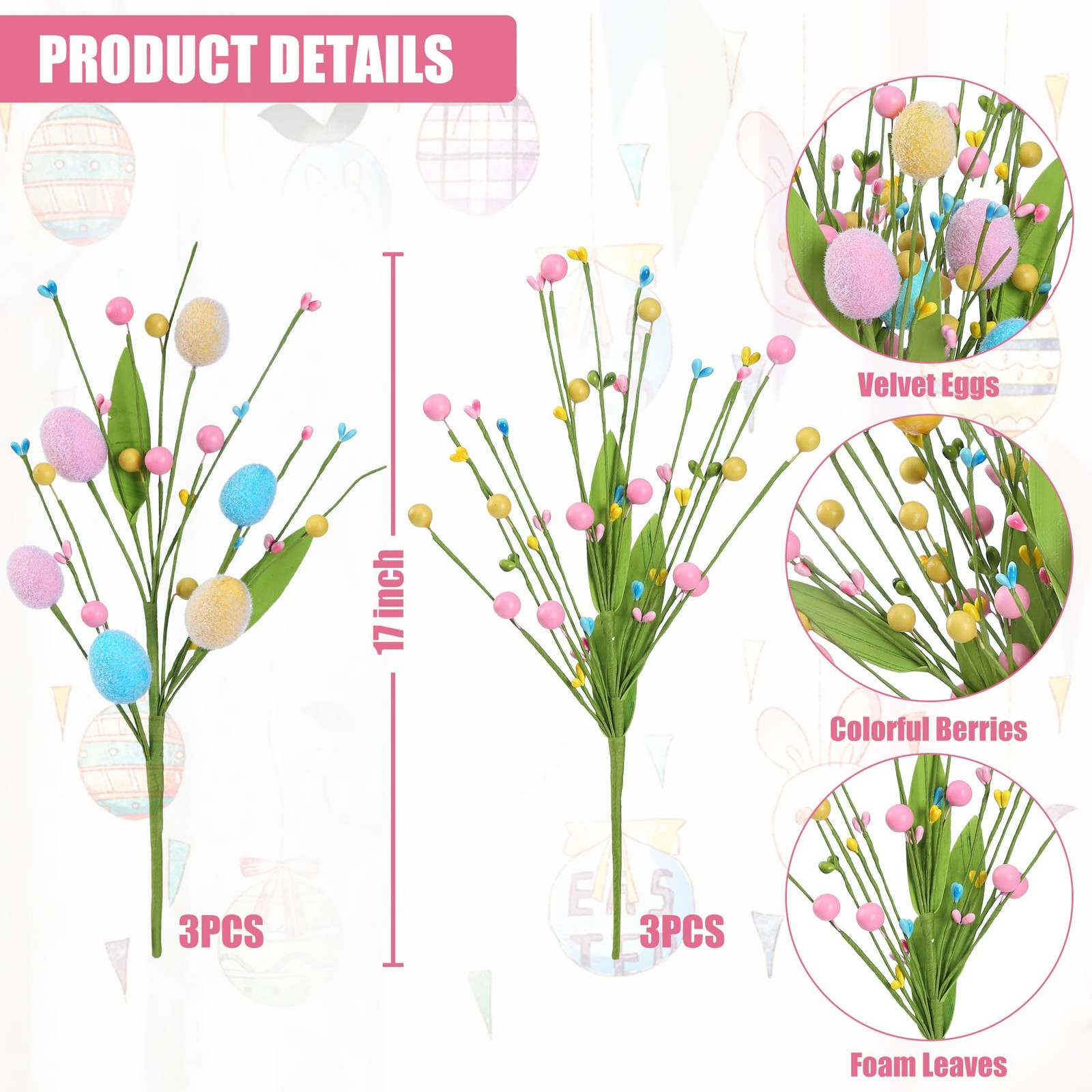 Artificial Easter Stems 6 Pcs Spring Egg Picks with Colorful Eggs Berries Gre…