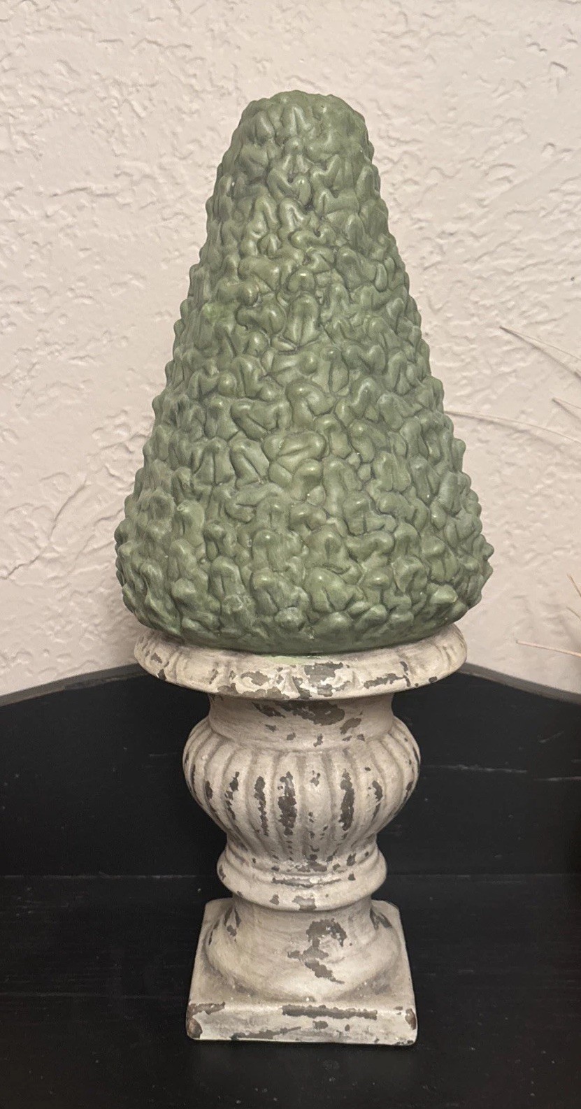 Terracotta Ceramic Cone Topiary 14″ Vintage Chippy Green Cream Urn