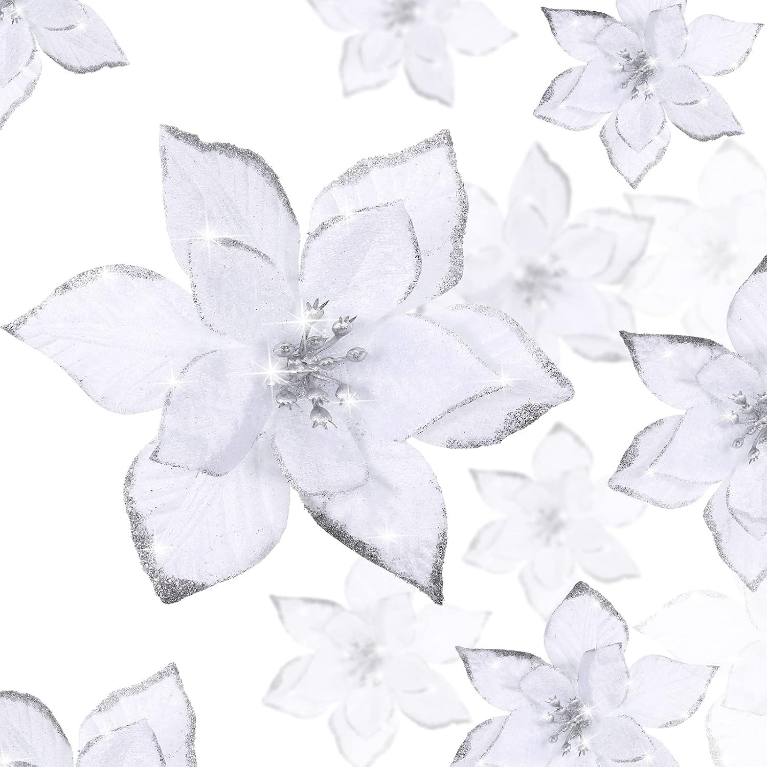 24 Pcs 3 Size Poinsettia Flower Artificial Christmas Decor Glitter Poinsettia…