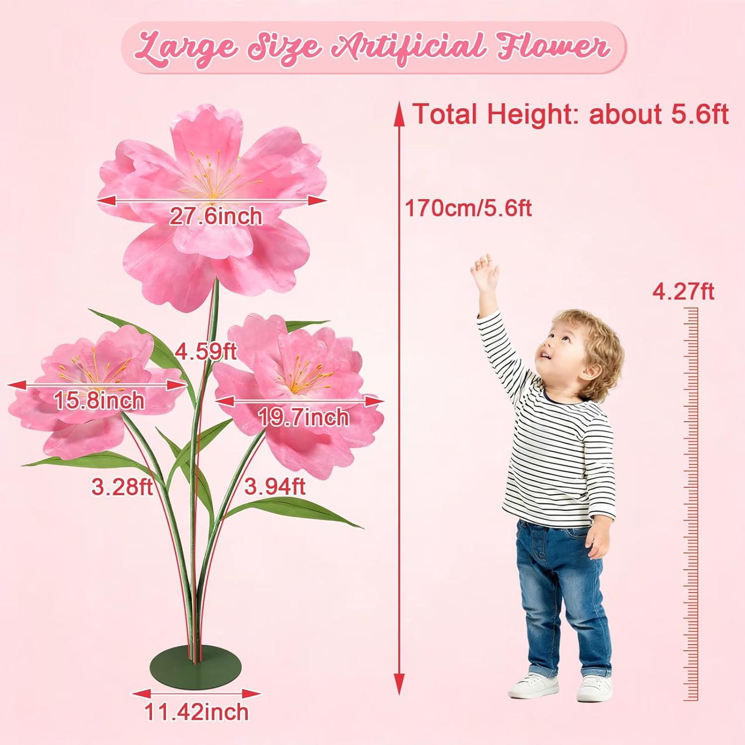 Giant Pink Artificial Flowers 5.6 Ft for Weddings, Parties & Photography Props