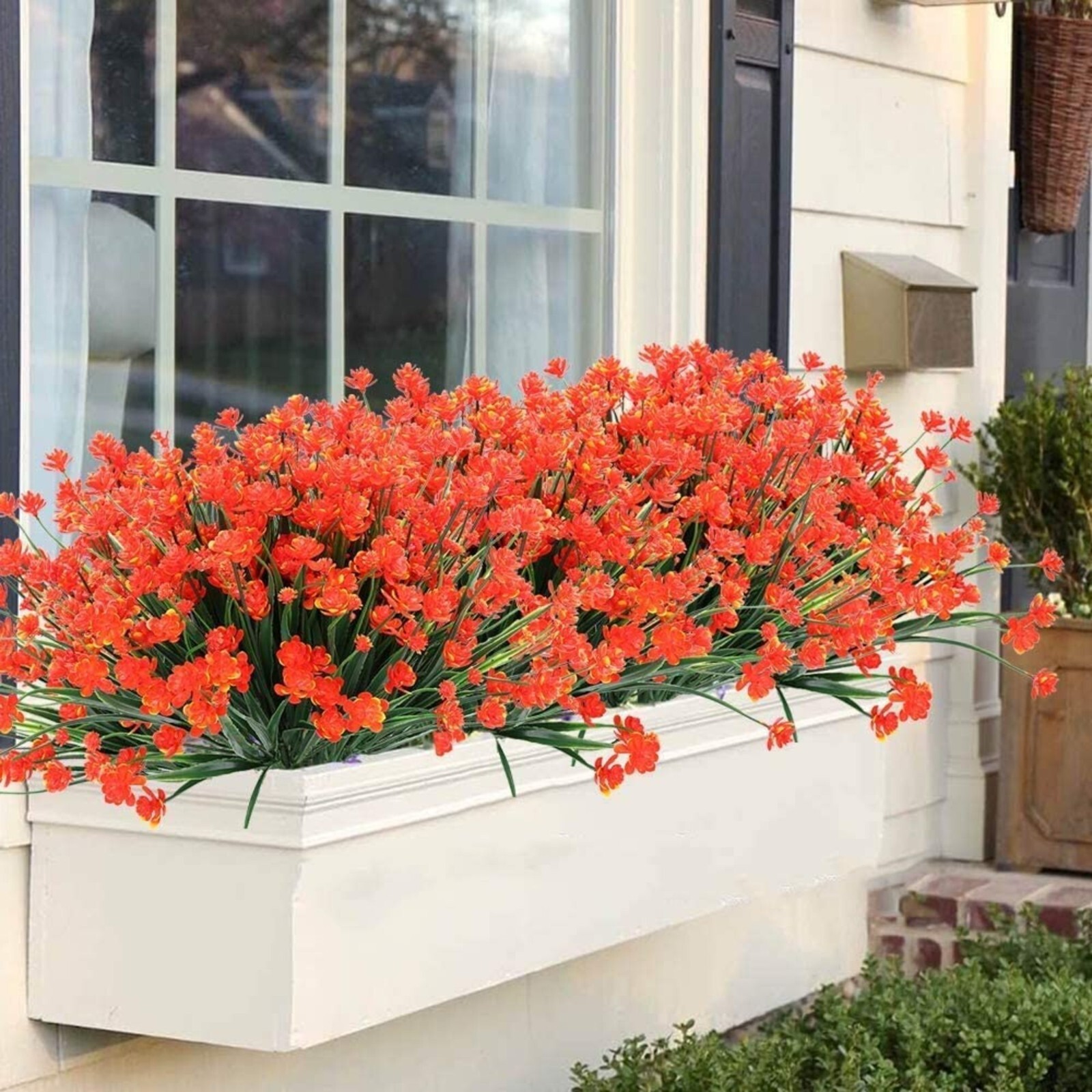12 Bundles Outdoor Artificial Fake Flowers UV Resistant Shrubs Plants Orange Red