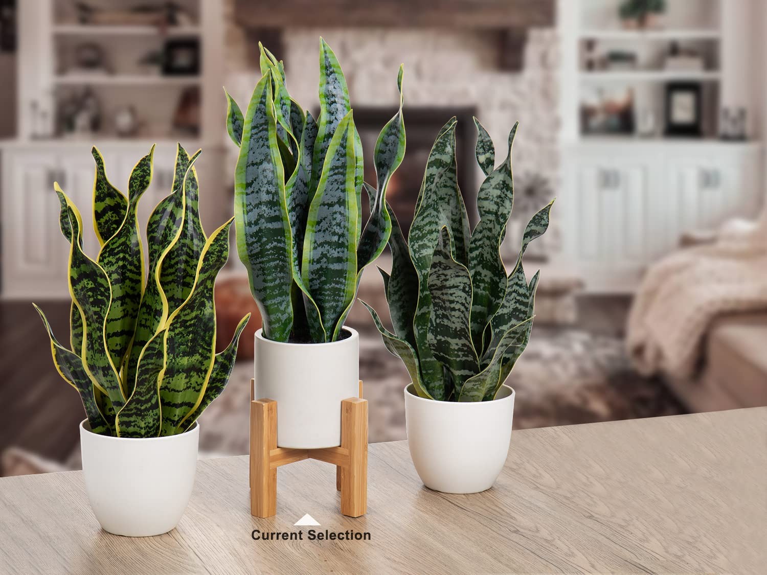 19″ Artificial Snake Plant in White Ceramic Pot with Solid Wood Stand Faux