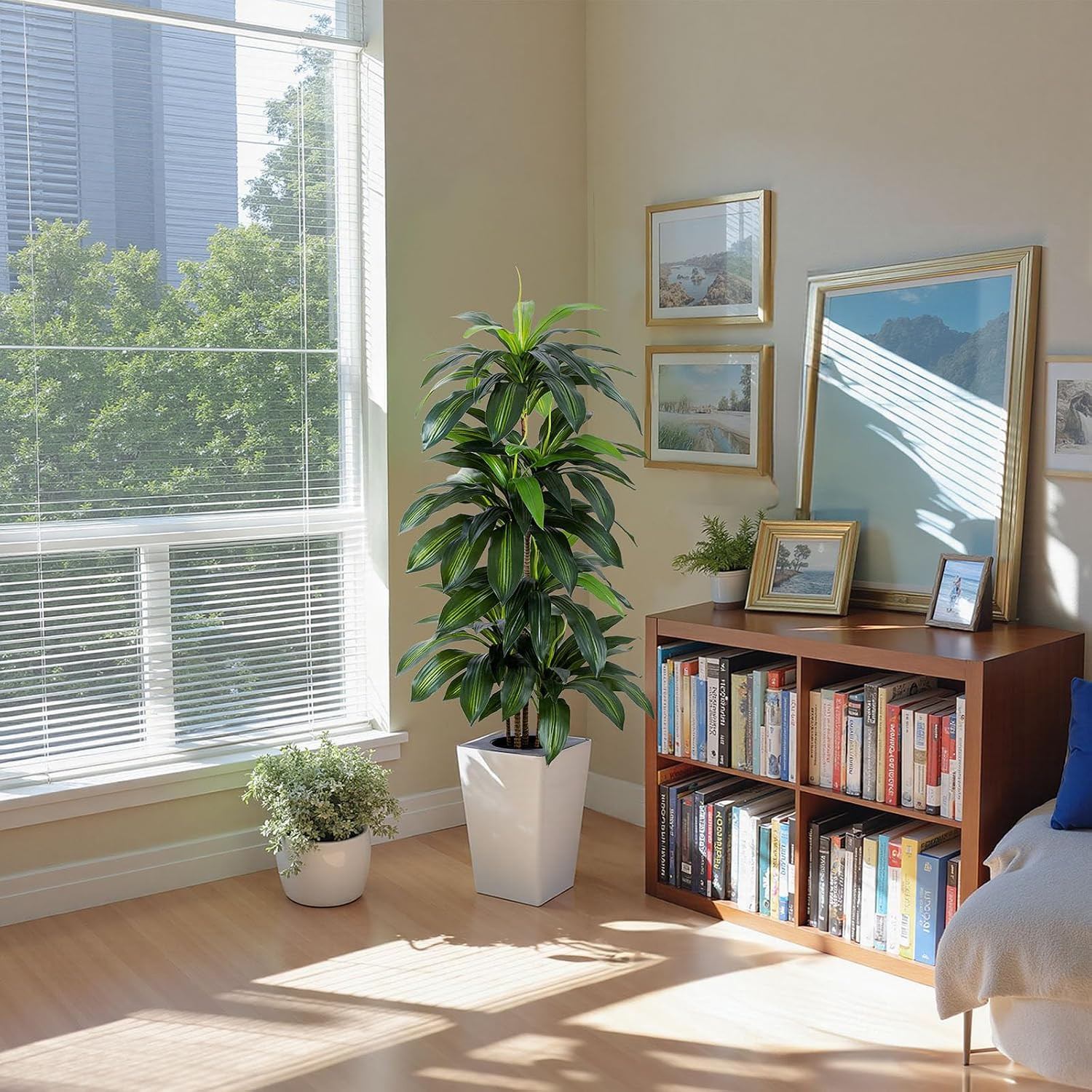 Artificial Dracaena Tree with White Tall Planter, 5Ft Tall Potted Artificial Dra