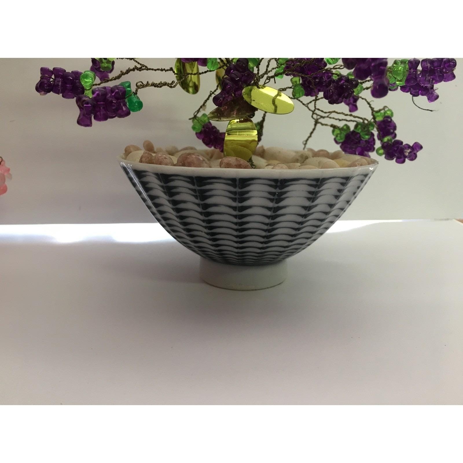 Vintage 50s Asian Beaded Wire Grape Cluster Bonsai Tree in Decorative Bowl
