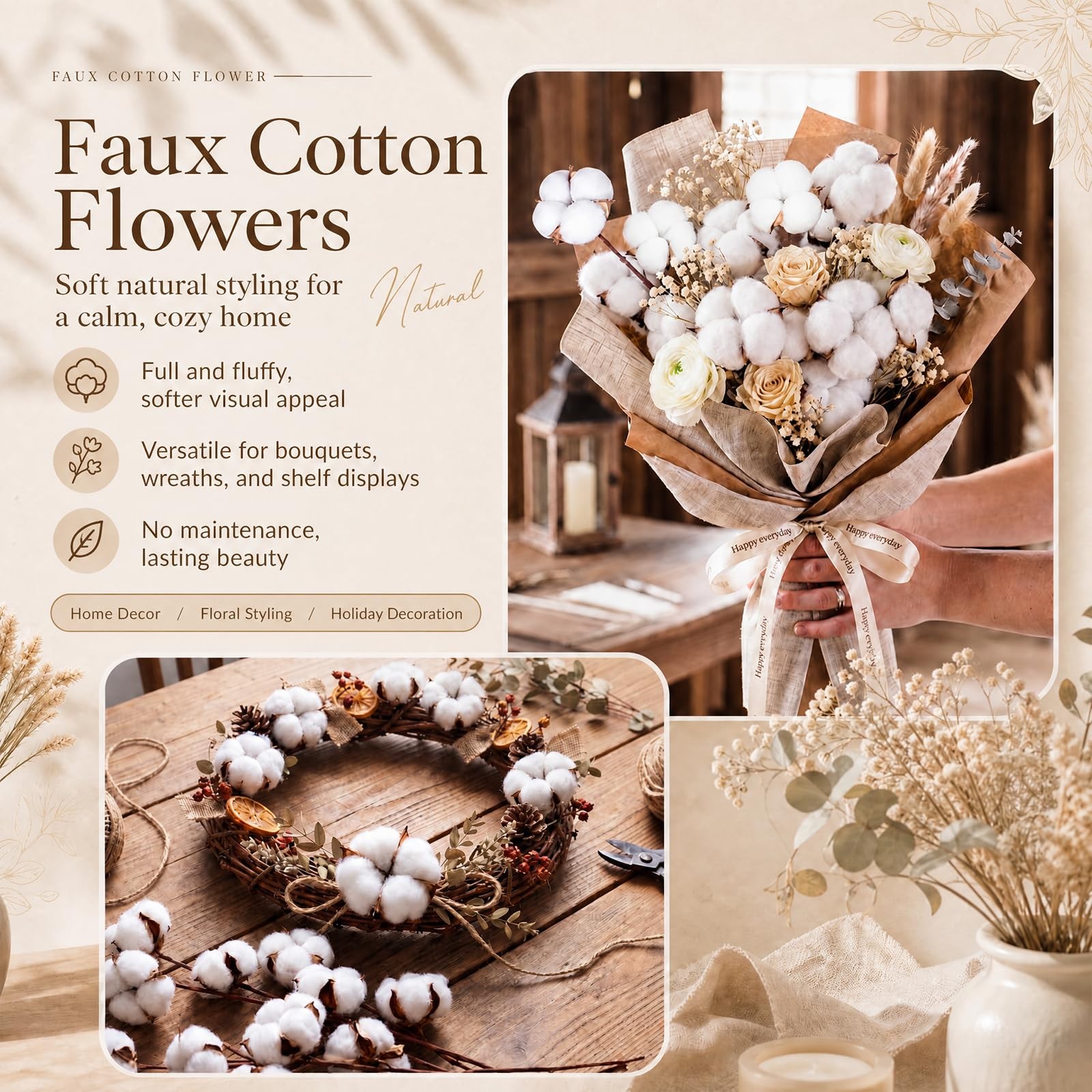 24 Pcs Natural Cotton Stems with 45 Bolls, 16″ Clean Dried Cotton Branches 3 …