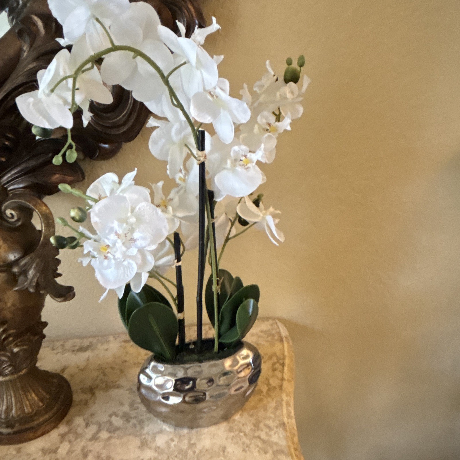 Artificial White & Green Orchid Flower Arrangement in Silver Vase Centerpiece
