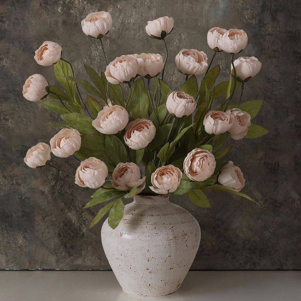 8 in 12-Pieces Cream Artificial Peony Branch Stem 27 In. Silk Flowers for Vase W