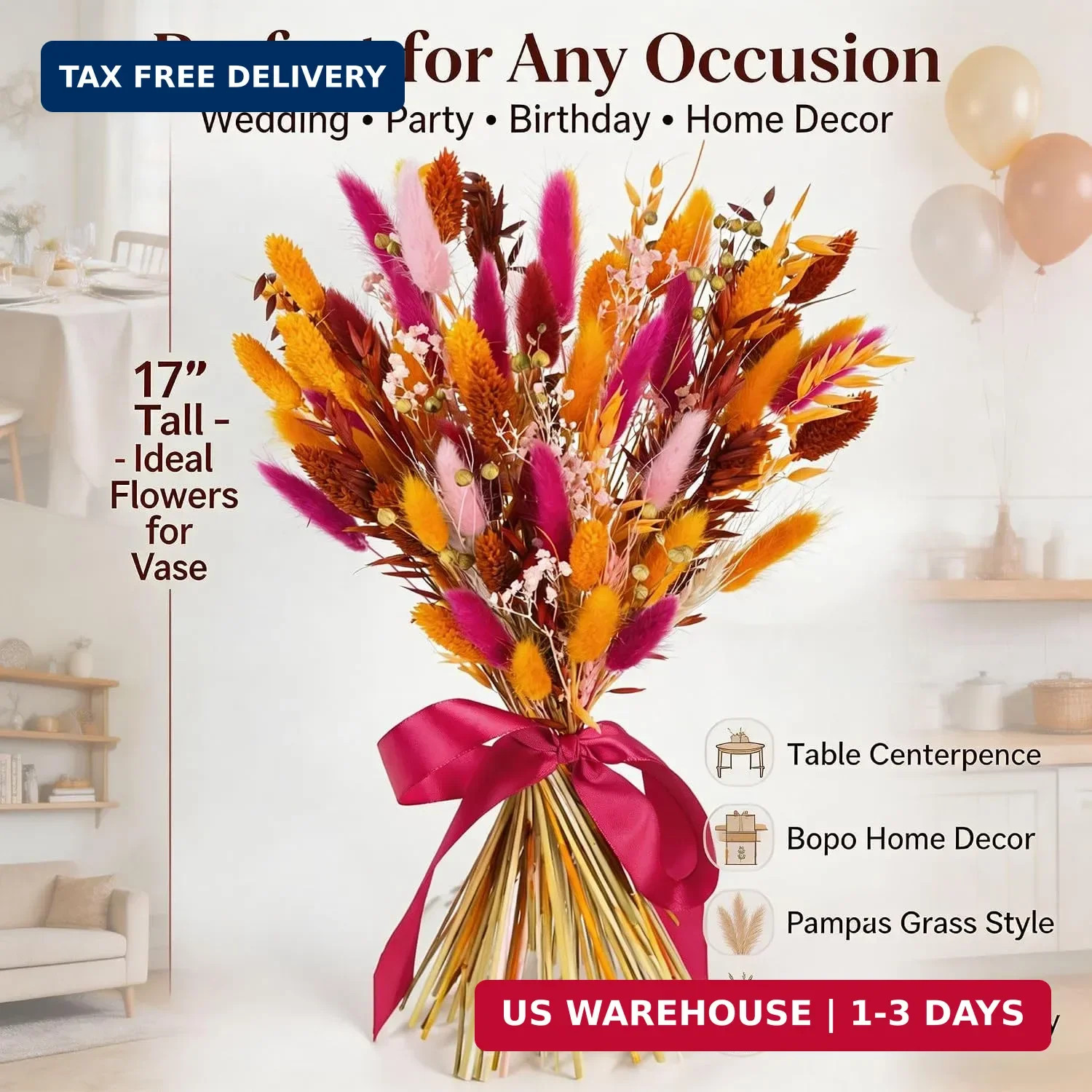 Boho Dried Flower Bouquet for Vase 17″ – Pampas Grass & Preserved Flowers Arrang