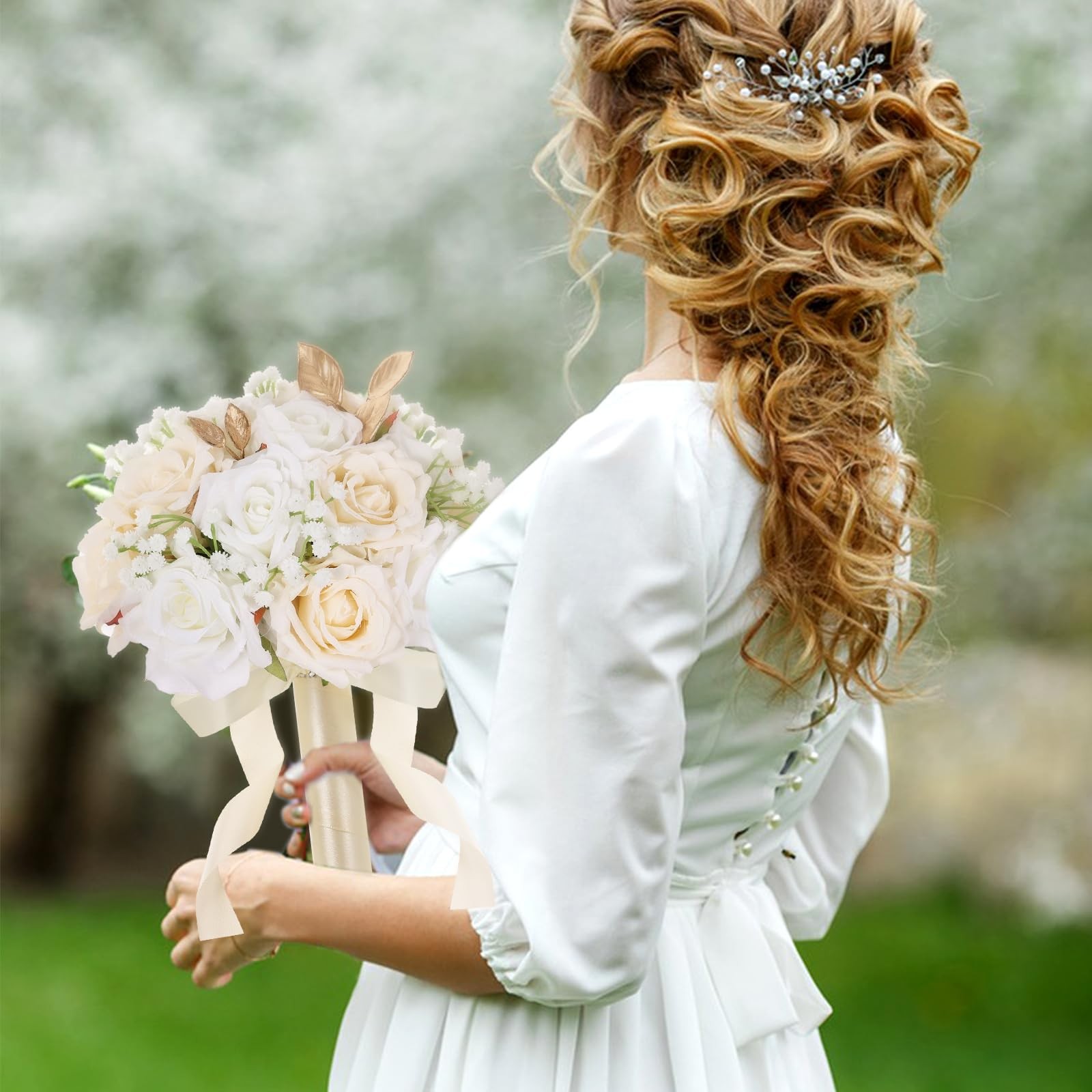 Wedding Bouquets for Bride – Realistic Silk Flowers Artificial Roses, 9 Inch …