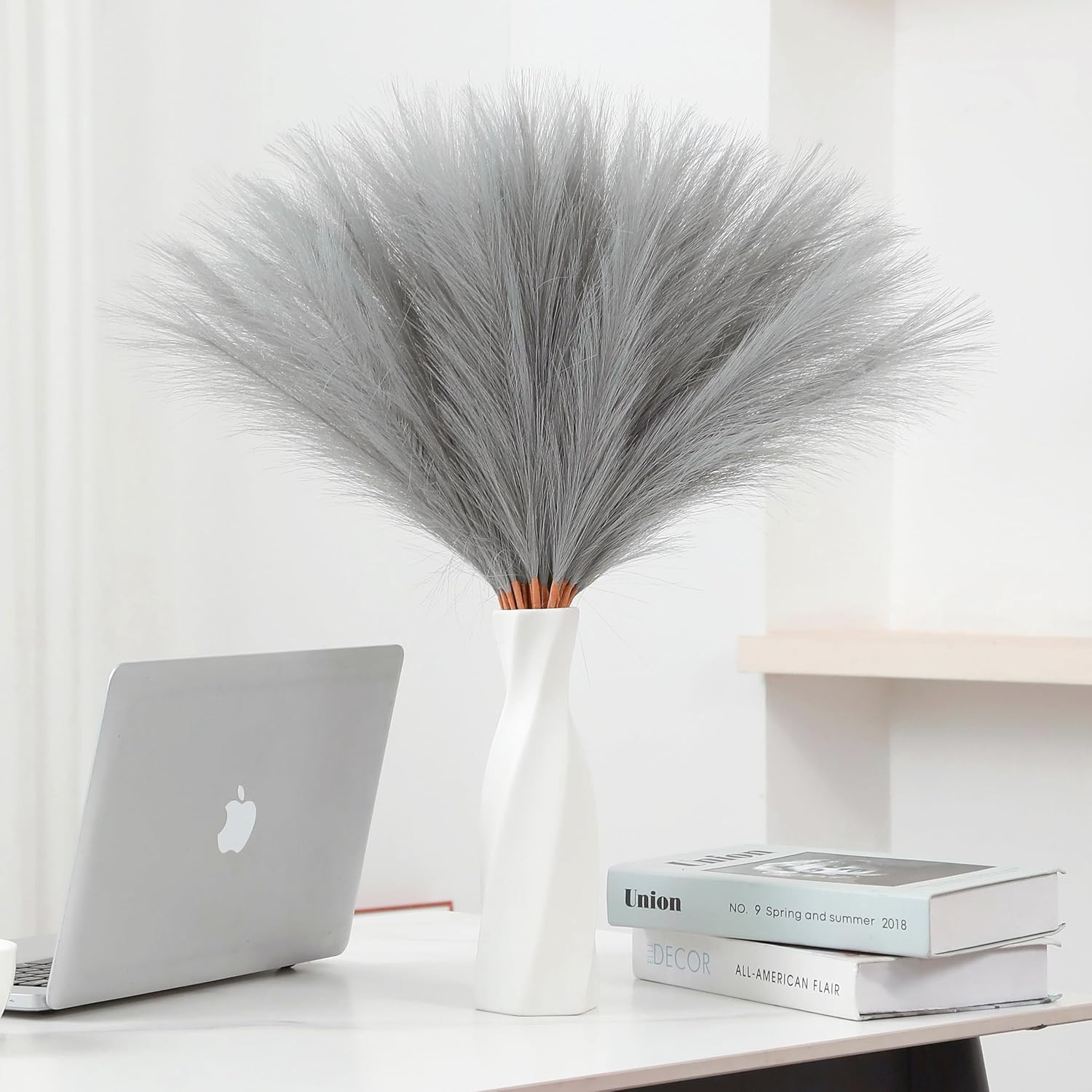 30Pcs 22″ Grey Pampas Grass Faux Pampas Grass Decor for Table Vase | Fluffy Pomp
