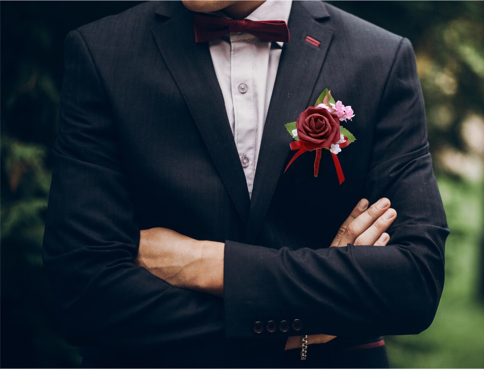 2 PCS Burgundy Red Artificial Foam Rose Wrist Corsage Boutonniere Set Prom
