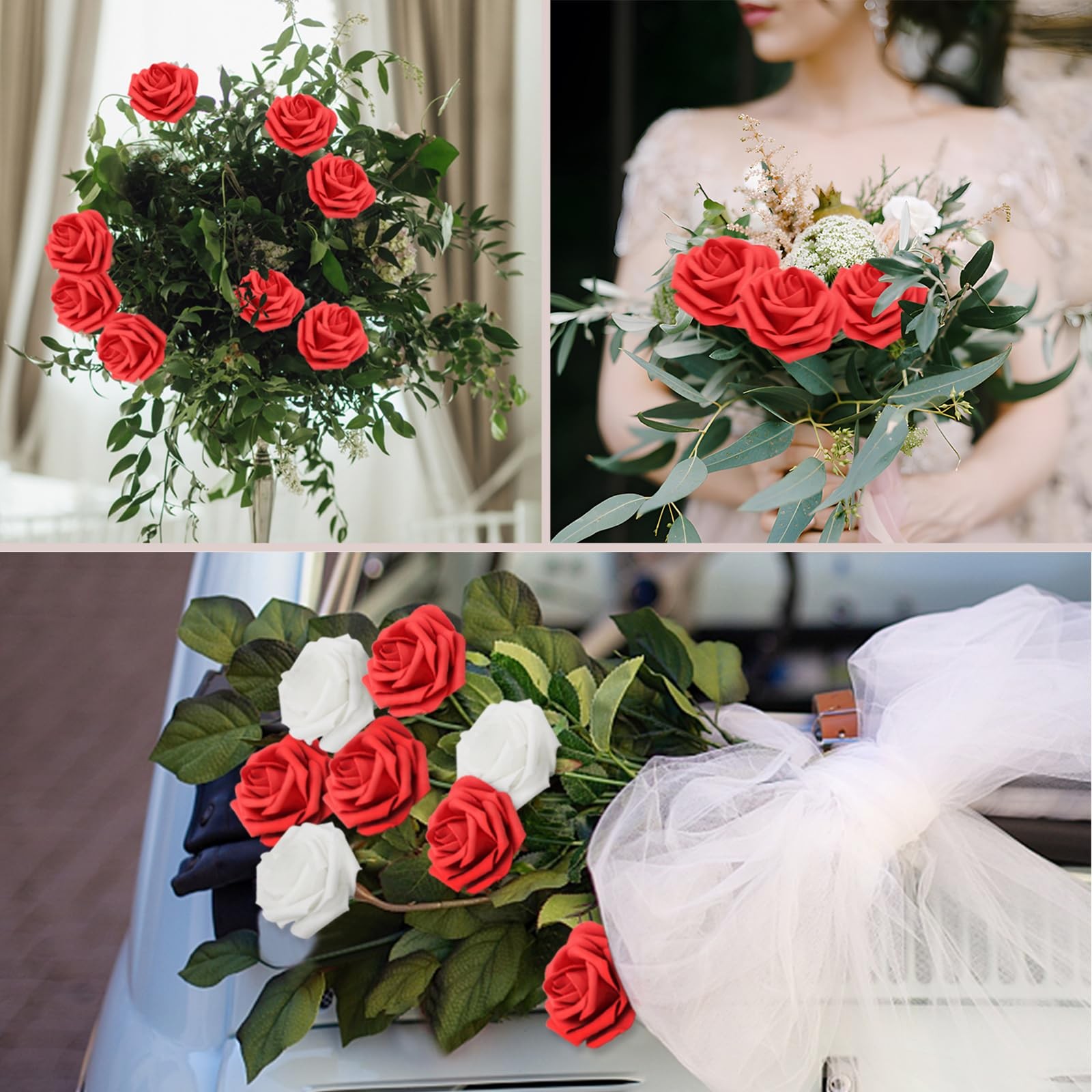 50 PCS Red Real Looking Foam Fake Roses with Leaves for DIY Wedding Bouquets