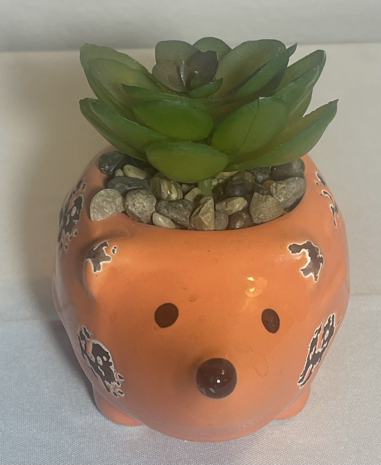 Orange Rustic Hedgehog with Faux Succulent Plant And Glued Pebbles 4x3x 3.5”