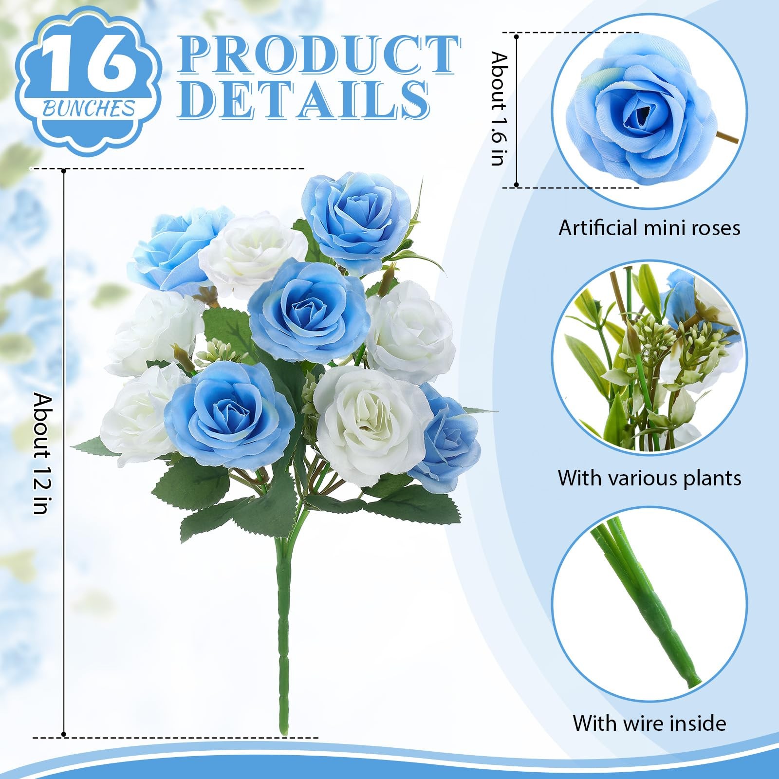16 Bunches Artificial Mini Rose Bouquet 12 Inch 160 Heads White And Blue