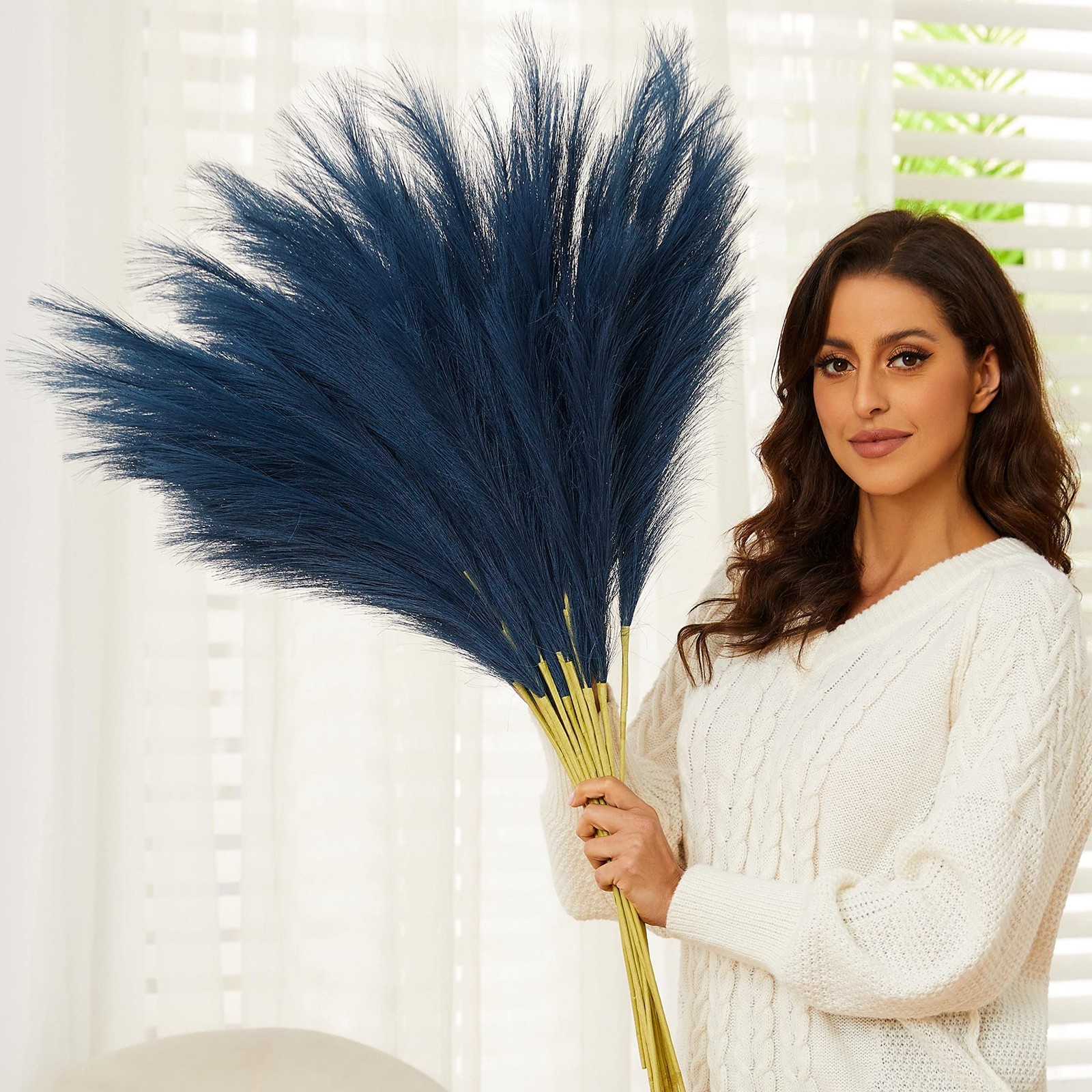 Blue Pampas Grass, 9 PCS 37”/3.1FT Tall Fluffy Fake Pompas Floral, Large Fau…