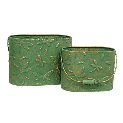 New Spring Summer RUSTIC GOLD GREEN DRAGONFLY BUCKET Metal Planter Containers