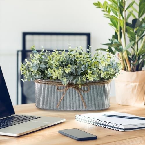 Artificial Eucalyptus Arrangement in Rustic Oval Galvanized Metal Planter Box