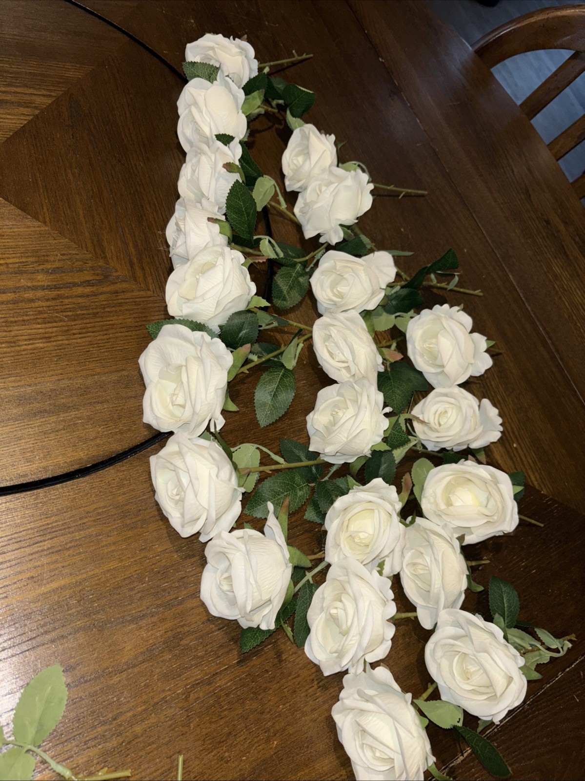 White Roses; 15 count, Artificial Flowers; Cut Stems; Short, with filler leaves