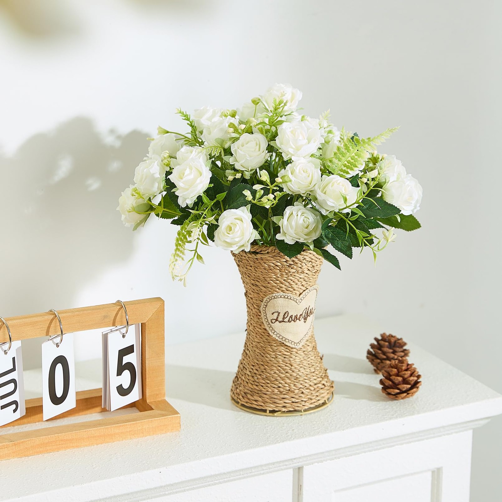 3 Bundles White Roses Artificial Flowers with Vase