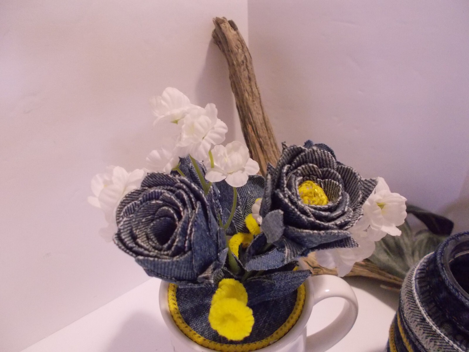 Southpaw Comics Coffee Mug w Handmade Denim Roses and Denim Seams Jar Vase
