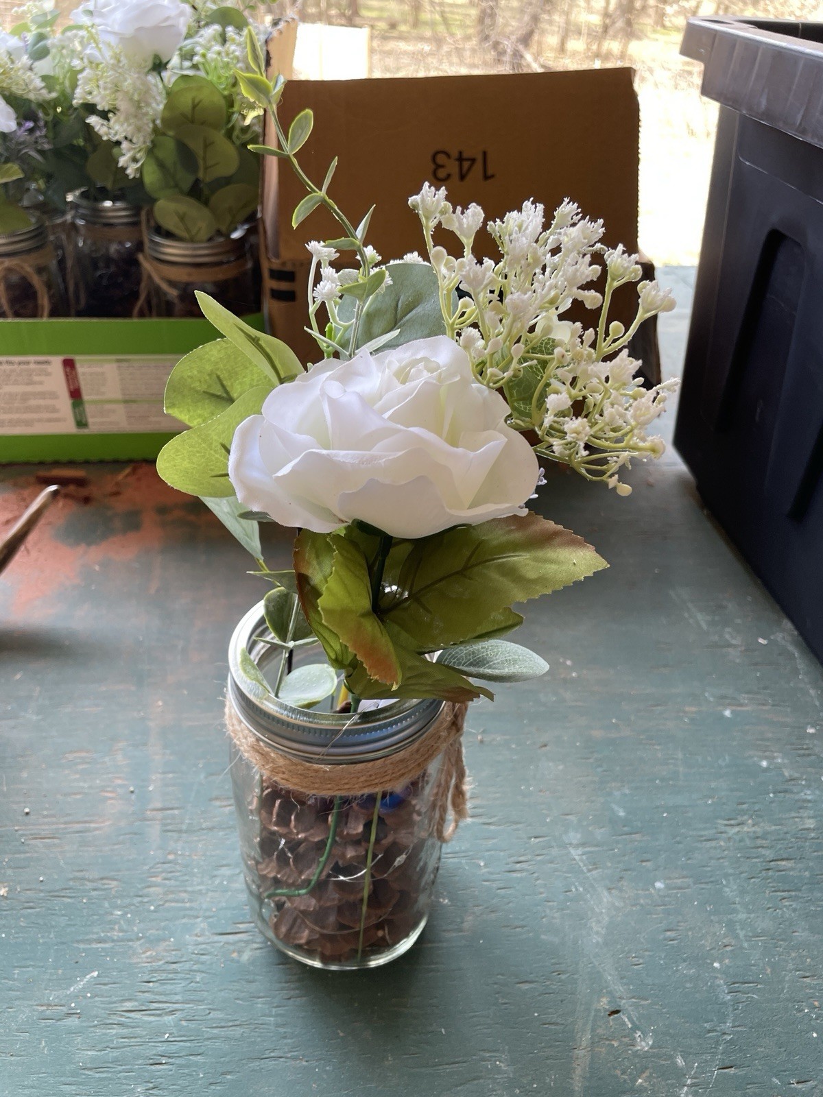Artificial White Rose Mason Jar Centerpiece w/ Greenery Pinecones