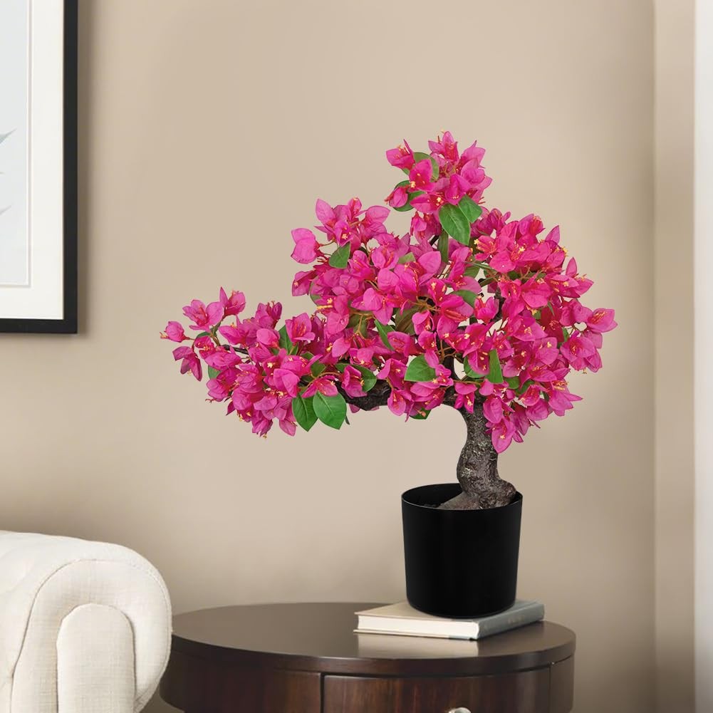 Hot Pink Artificial Bougainvillea Flower Plant Bonsai Tree Black Pot 20.8″