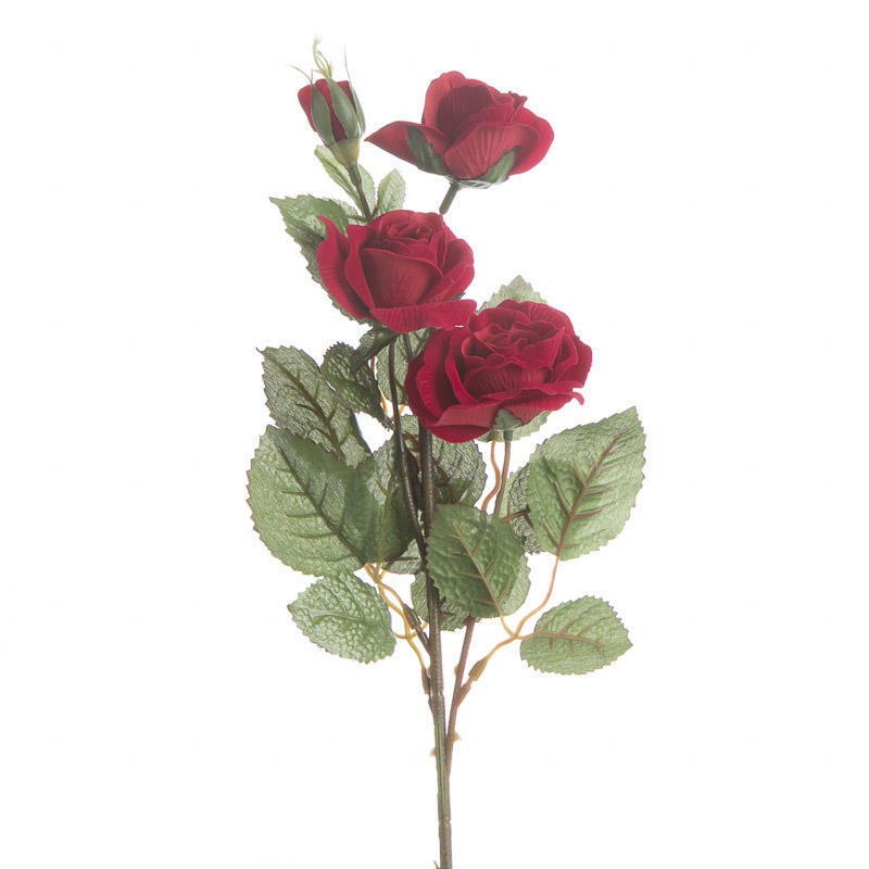 Romantic Red Velvet Artificial Rose and Leaf Pick