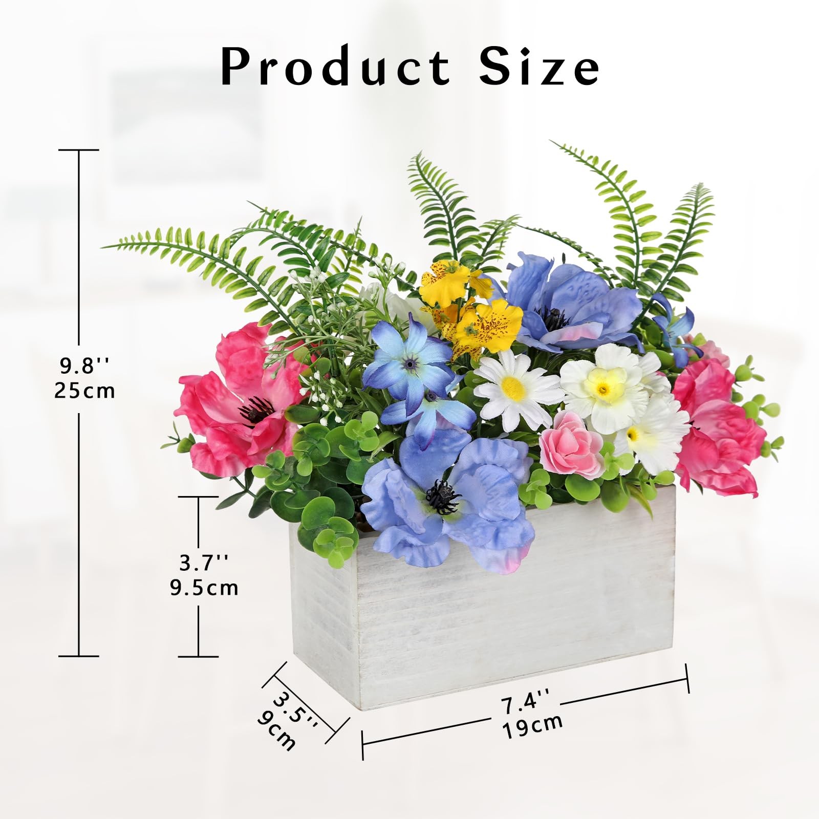 Table Floral Arrangement Centerpiece, Artificial Flowers in Wooden Vase, Silk…